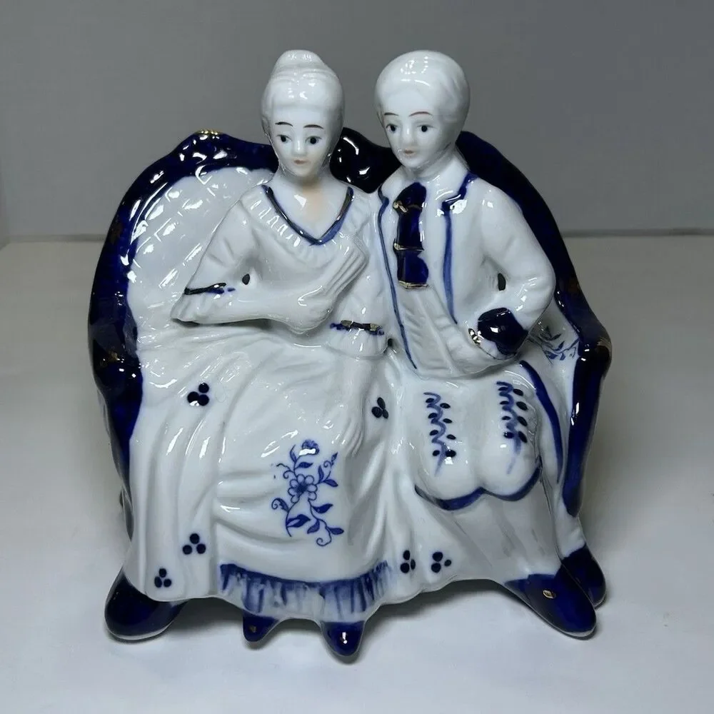 Vintage Victorian/Colonial Porcelain Couple On Sofa White/Blue Home Decor